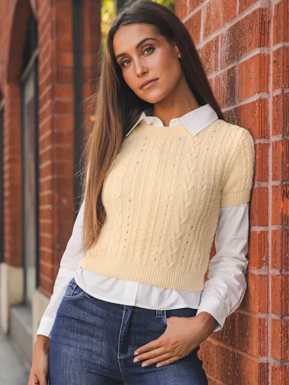 Free People Short + Sweet Cable Knit Cropped Sweater Top Cream M
